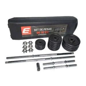 Set de Pesas 50 kg negro con barra, mancuernas y discos.