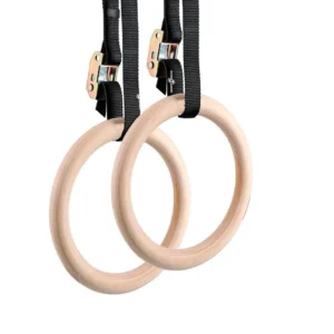 Anillas de Madera Gimnasia Olímpica con reatas de nylon y hebillas, resistencia de 600 lb.