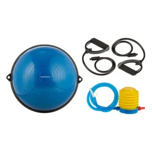 Bosu Sportfitness azul con elásticos, inflador y base antideslizante.