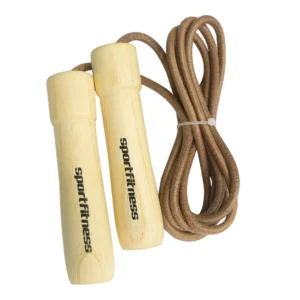 Lazo para Saltar de Cuero Sportfitness de 274 cm con mangos de madera y rodamientos blindados.