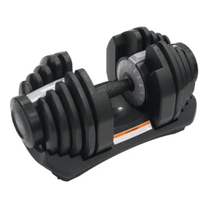 Mancuerna Ajustable Sportfitness 52.5 LB con 5 pares de discos, doble selector de peso y soporte de alta dureza.