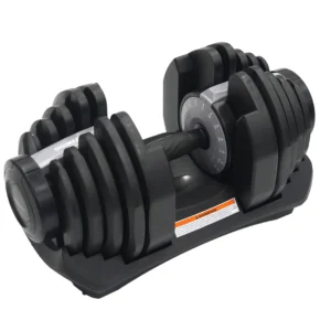 Mancuerna Ajustable Sportfitness 90 LB con discos recubiertos en poliuretano, doble selector de peso y soporte.