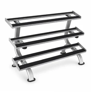 Rack para Mancuernas 3 Niveles con estructura en tubería, pintura electrostática y bases antideslizantes para gimnasio.