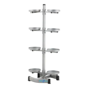 Rack para mancuernas rusas de 4 niveles con 8 soportes, estructura en tubería y bases antideslizantes.