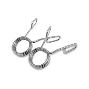 Seguros de Resorte Barra Olímpica de 2 pulgadas en hierro cromado color plata para fijar discos durante entrenamientos de fuerza.