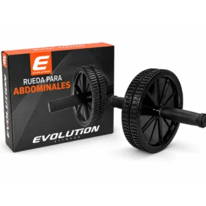 Rueda abdominal negra fabricada en PP, TPR y PVC para ejercicios de entrenamiento funcional y tonificación del abdomen.