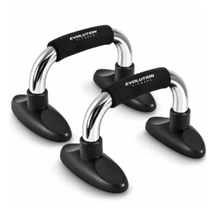 Par de soportes para flexiones Evolution con estructura de acero y empuñaduras acolchadas de espuma antideslizante.