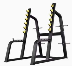 Soporte de Sentadillas Bellagio profesional con 6 niveles para barra y soportes para discos en estructura de acero negra.