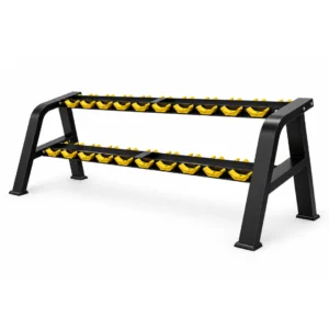Soporte de Mancuernas 2 Niveles Bellagio en acero negro, con capacidad para 20 mancuernas.