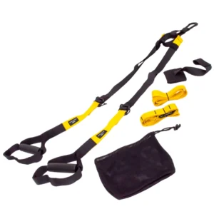 Set de Suspensión Pro UNIKE amarillo con correas ajustables, agarres antideslizantes y capacidad máxima de usuario de 150 kg.