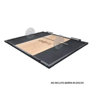 Plataforma para Levantamiento de Peso UNIKE con superficie de madera y caucho para halterofilia.