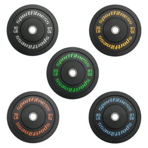 Discos Olímpicos Caucho PL-R-506 de 2 pulgadas para barras olímpicas, disponibles en 10 lb, 15 lb, 25 lb, 35 lb y 45 lb.