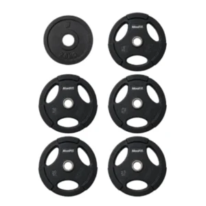 Discos Olímpicos Encauchetados con tres agarres, diseño empalmable, anillo de acero inoxidable y medidas para barras olímpicas de 2 pulgadas.