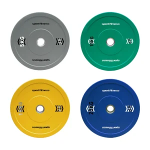 Discos Olímpicos Caucho Color de 2 pulgadas para barras olímpicas, disponibles en gris, verde, amarillo y azul.