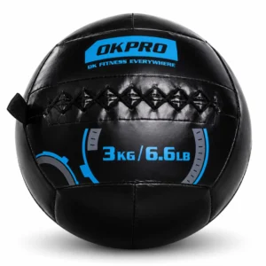 Balón medicinal en cuero de alta resistencia con costuras resistentes, disponible en pesos de 3 a 15 kg.