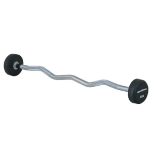 Barra sellada curva de acero con discos en caucho inyectado, disponible en pesos de 20 a 70 libras.